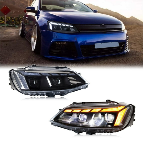 LED Headlights compatible with 2012- 2018 VW Volkswagen Jetta with Start Up Animation Sequential Indicator Front Lamp Demon Eyes