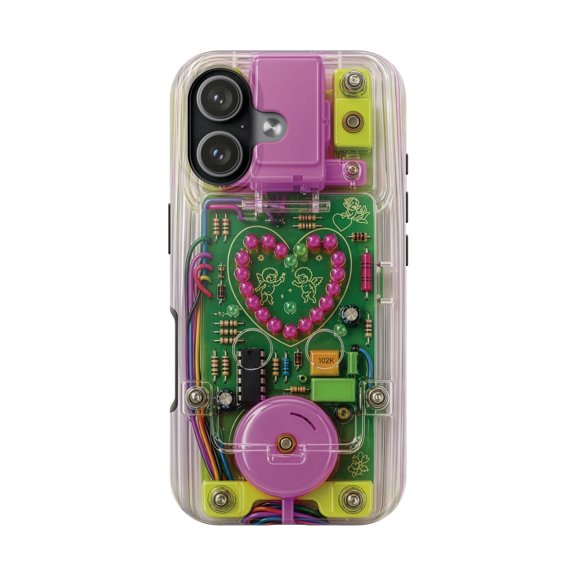 LED Heart Circuit Board Y2K Transparent Effect Tough Phone Case, Dual-Layer Protective Cover for iPhone