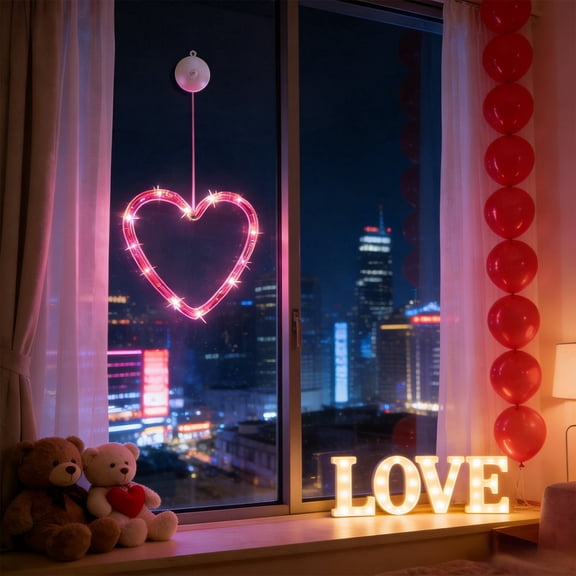 LED Heart-Shaped Curtain Light - Battery Operated with Suction Cups for Proposal, Wedding, Party & Romantic Decorations,Valentines Day Decoration