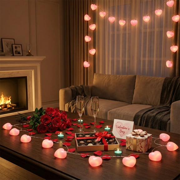 LED Heart String Lights – Romantic Room Decor | Qixi Festival Valentines Day Mood Lighting | P-ink | Plastic | 236.22in Length | 1 pc | 260g | Easy Setup