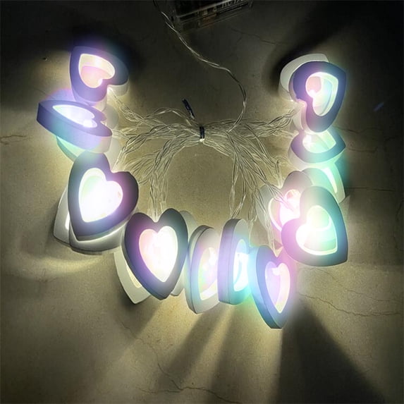 LED Heart String Lights - Wooden Battery Powered Lights for Valentine's Day, Indoor/Outdoor, 10 Warm White Bulbs, 5ft Multicolor