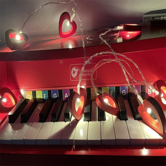 LED Heart String Lights - Wooden Battery Powered Lights for Valentine's Day, Indoor/Outdoor, 10 Warm White Bulbs, 5ft Red