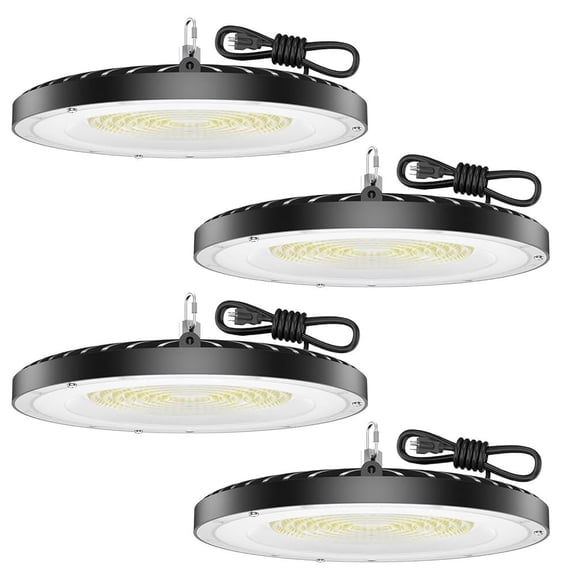 LED High Bay Light 150W 21,000lm 5000K Daylight UFO LED High Bay Shop Light with Hook 4' Cable, IP65 Waterproof Commercial Bay Lighting Fixture for Warehouse Workshop Barn Factory, 4-Pack