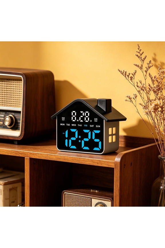 LED House Shaped Alarm Clock Digital Desk Clock Night Light Display Dual Alarm Large Screen Easy Read Time Date Display Bedroom Living Room Office Decor Use for Home Time Reminder