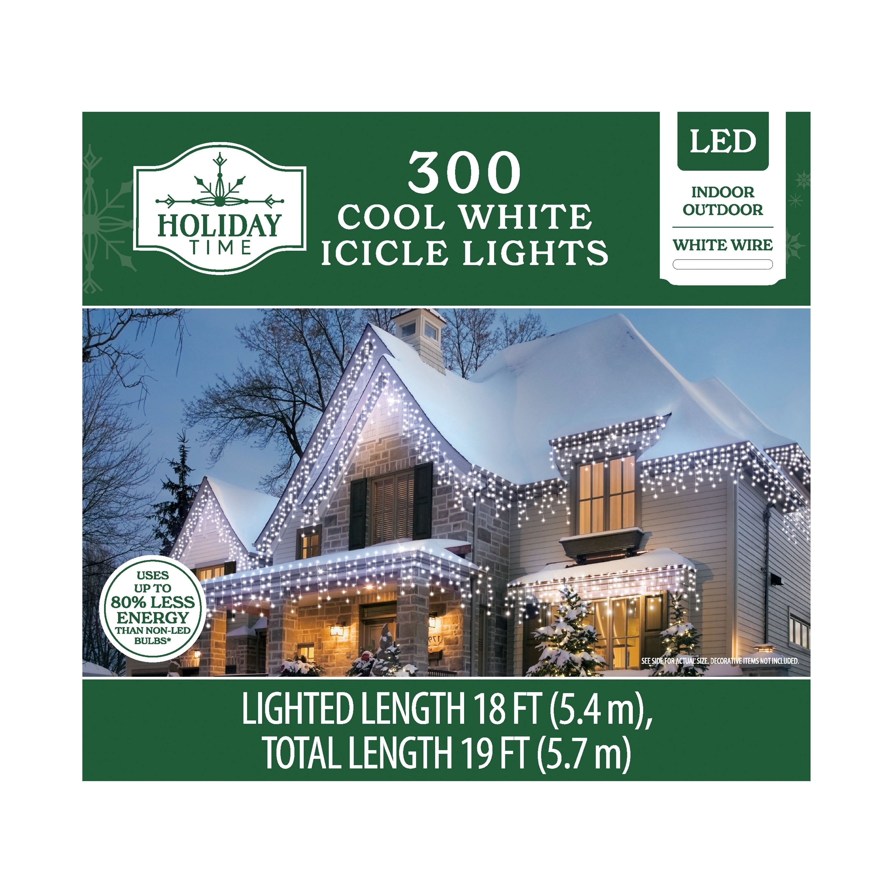 Indoor/Outdoor 300-Count LED Christmas Icicle Lights, Cool White, White Wire, 18', by Holiday Time