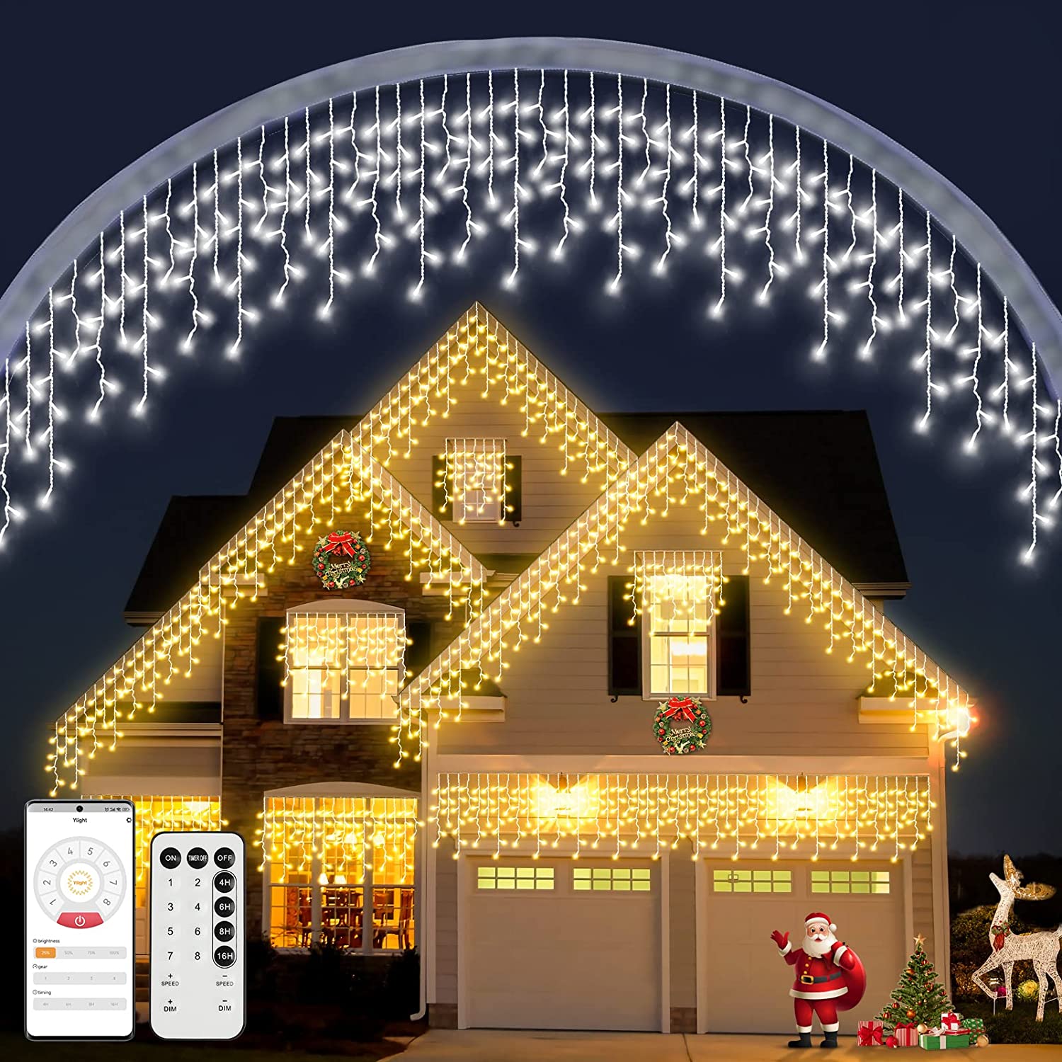 LED Icicle Christmas Lights Outdoor 65.6FT 640LED 2 Colors 8 Modes Warm