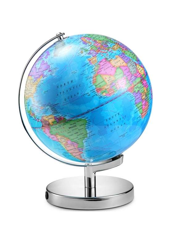 LED Illuminated 11" Tall Globe of The World with Sturdy Chrome Rotating Display Stand