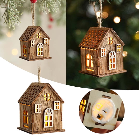 LED Illuminated Christmas Hanging Ornaments Wooden Village Houses Light Up Cabin Decor Luminous Xmas Desktop Hanging Decorations for Holiday Tree Home Car Interior Atmosphere