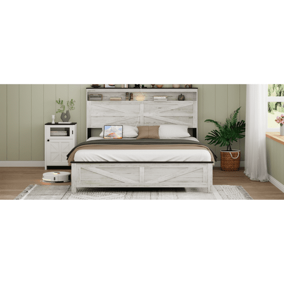 LED Illuminated Floating Bed Frame with Wireless Charging Headboard & Hidden Storage, Box Spring Free White Platform Bed for Large Mattress