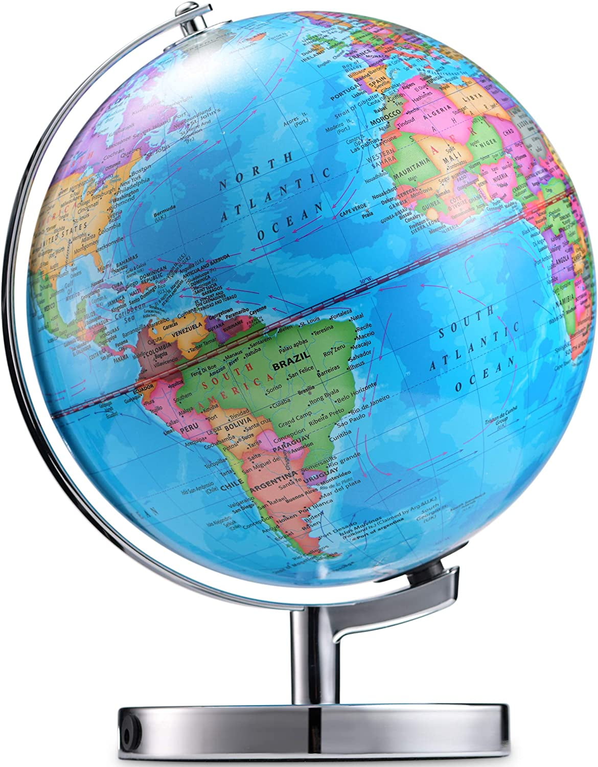 LED Illuminated Globe of The World with Sturdy Chrome Rotating Display