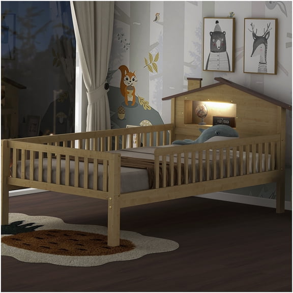 LED Illuminated Twin House Bed Frame with Guardrails and Storage, No Box Spring Required