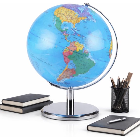 LED Illuminated World Globe with Chrome Rotating Stand – Desk Display Globe with Lighted Map, Metal Base, Plug-In Power