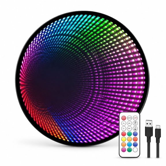 LED Infinity Mirror Wall, RGB Color Changing with Remote Control, 16.5in (40cm), Black Metal and Acrylic, USB Powered for Home Decor