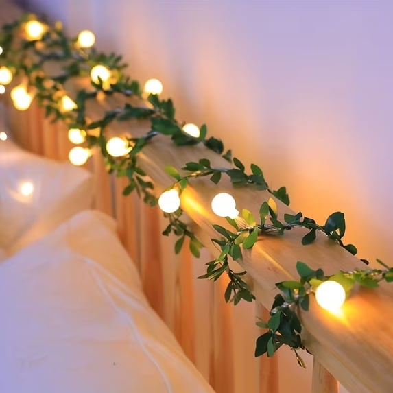 LED Ivy Mini Ball Fairy Lights with Leaf | Round Ball String Green Vine Garland Lights, Suitable for Bedroom, Room, Wall, Party, Wedding, Holiday and Christmas, Battery Powered (Battery Not Included)