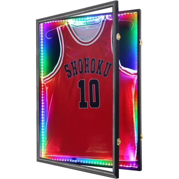 LED Jersey Frame Display Case - Shadow Box with LED Light - Black Lock, 98% UV Resistant Acrylic Wall Mount Display Case for Football, Baseball, Basketball Jersey with Light