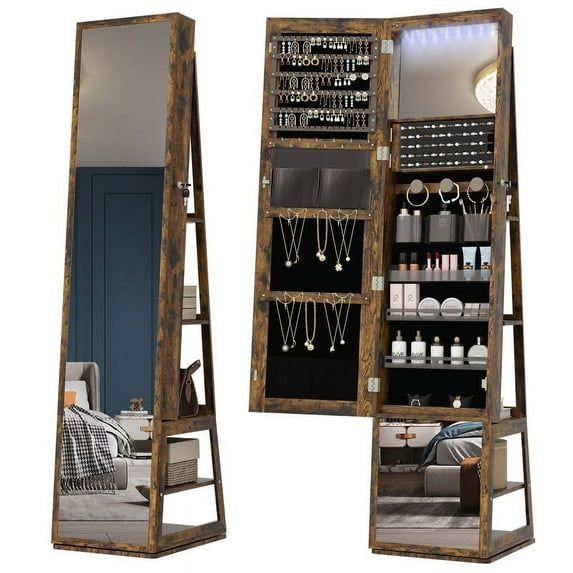 LED Jewelry Cabinet Armoire, 63" H Standing Jewelry Organizer Weathered Oak