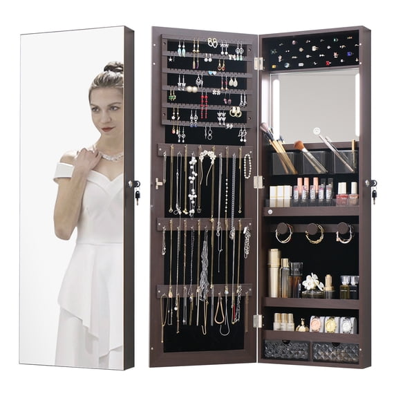 LED Jewelry Cabinet Armoire Organizer with Locking Door and Full-Length Mirror Jewelry Organizer Brown