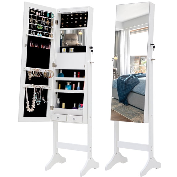 LED Jewelry Cabinet Lockable Free Standing Jewelry Armoire with Long Mirror Makeup Tray Large Drawer Base, White