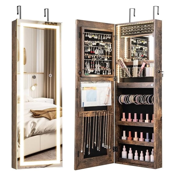 LED Jewelry Cabinet Mirror, Lockable Jewelry Armoire Full Length, 3 Lighting Modes, Wall/Door Mount - Rustic Brown, 42.5"H