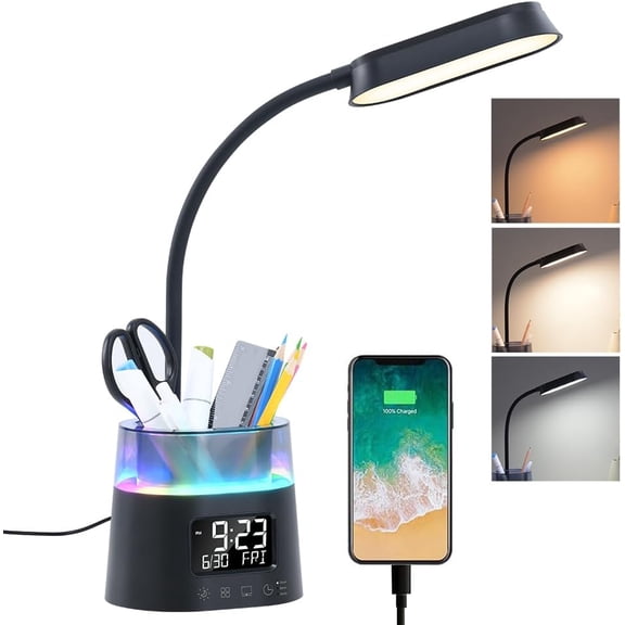 LED Kids Desk Lamp, Dimmable Study Lamp for Home Office Desk Accessories, with Pen Holder & Clock, USB Charging Port, RGB Night Light, Bedroom & College Dorm Room Essentials for Girls - Black