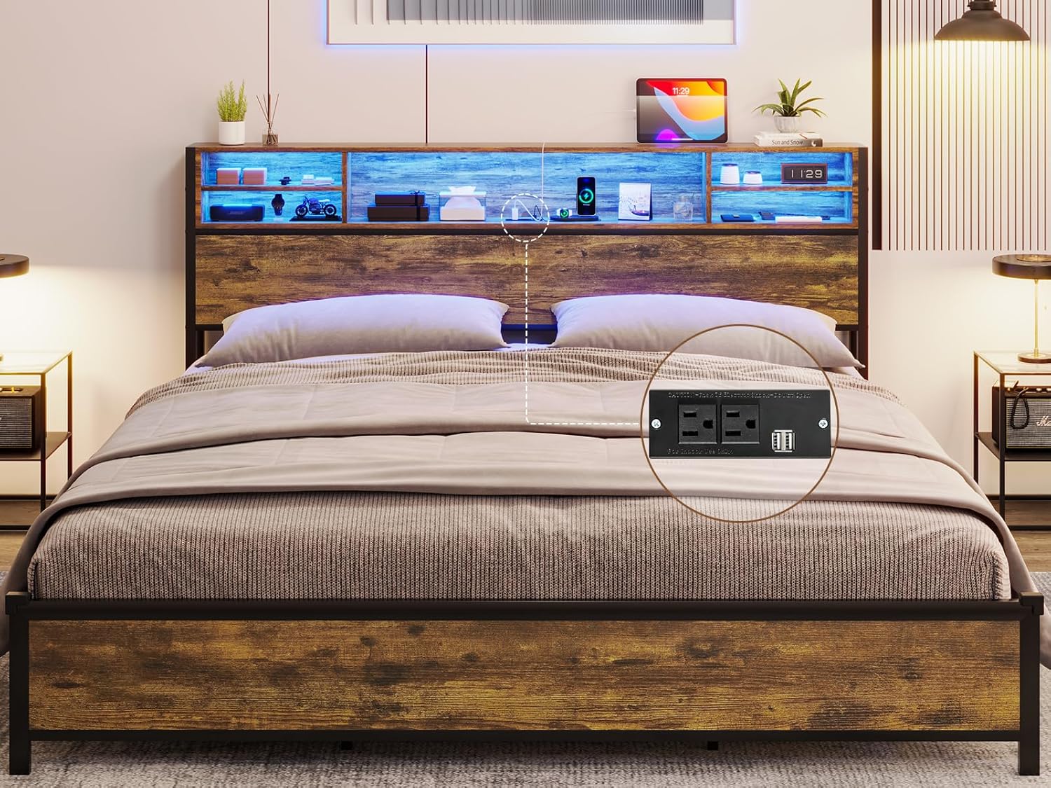 LED King Bed Frame with Storage Drawers & Bookcase Headboard, USB Ports