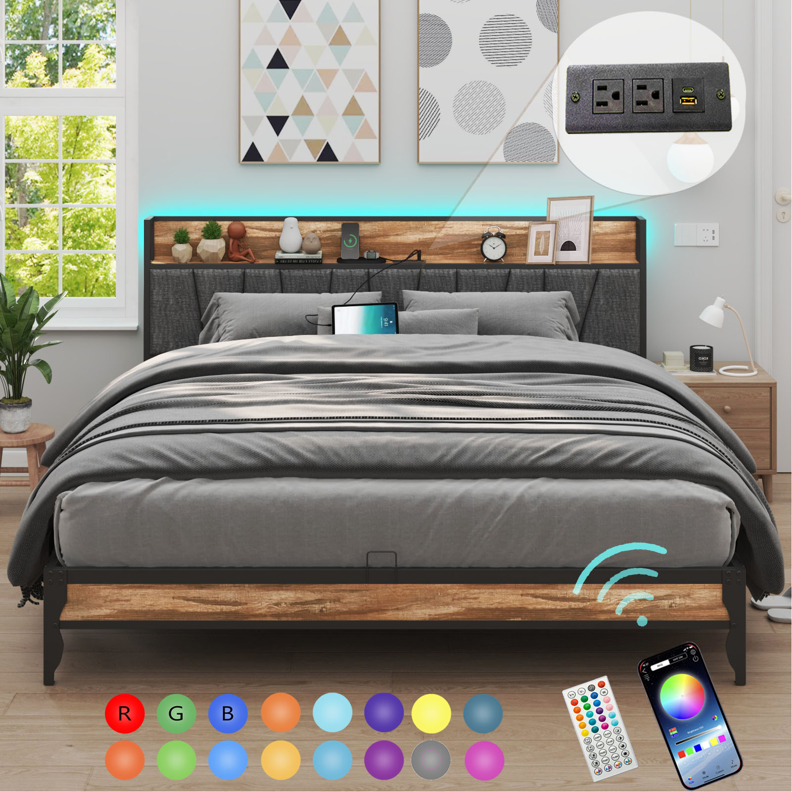 LED King Size Bed Frame with Outlets & USB & Type-C Port and Storage Headboard, Metal Platform Bed with Charging Station for Bedroom(Brown #No Drawer-King) - image 1 of 12