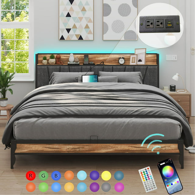 LED King Size Bed Frame with Outlets & USB & Type-C Port and Storage Headboard, Metal Platform Bed with Charging Station for Bedroom(Brown #No Drawer-King)