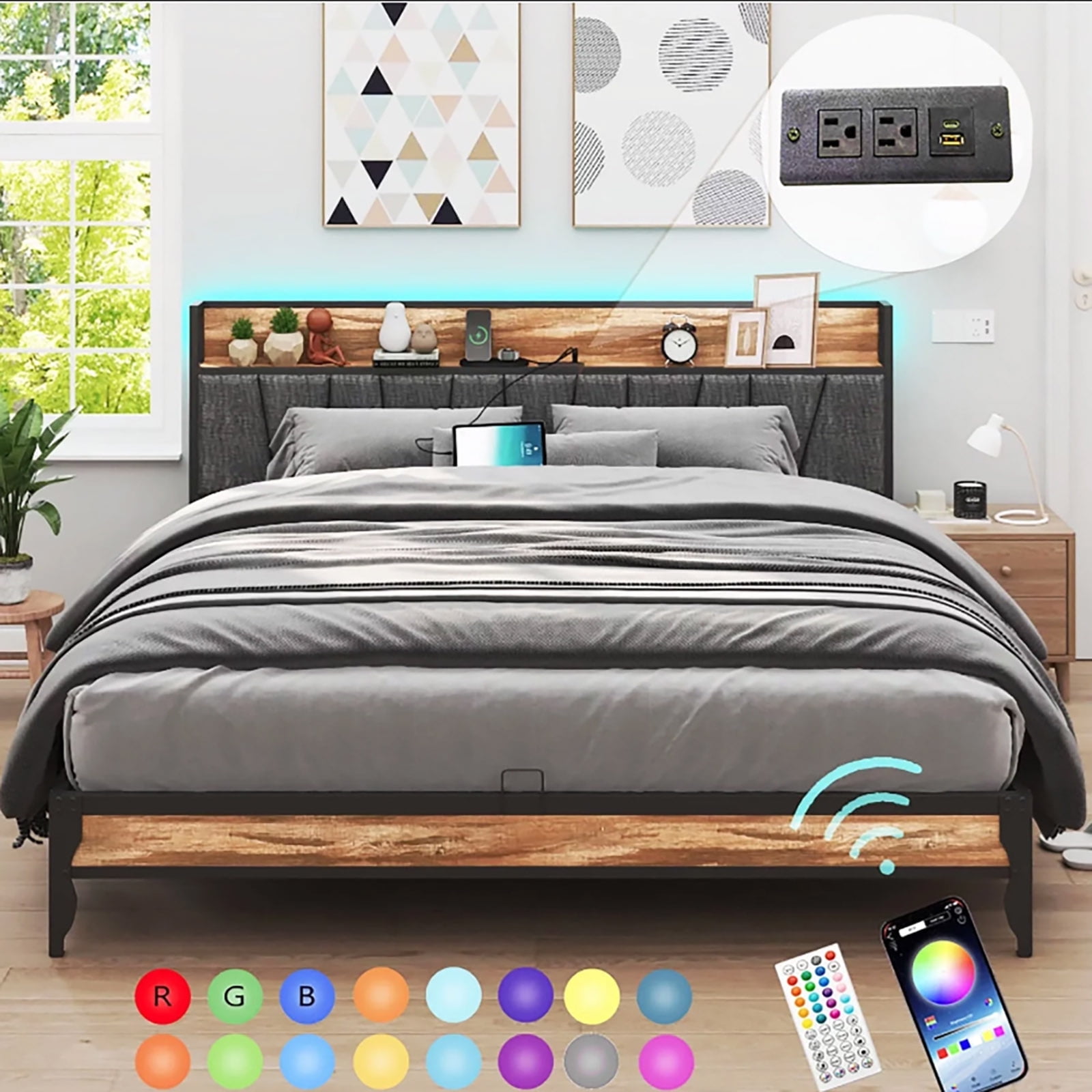 LED King Size Bed Frame with Outlets & USB/Type-C Port and Storage ...