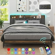 LED King Size Bed Frame with Outlets & USB/Type-C Port and Storage Headboard, Metal Platform Bed with Charging Station for Bedroom(Tan #No Drawer-King)
