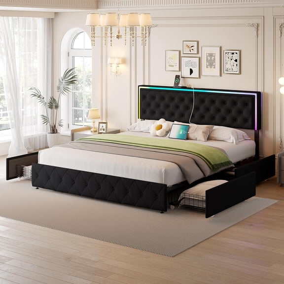 LED King Size Bed Frame with Storage and Headboard,King Bed Frame with 4 Storage Drawers and LED Lights,Velvet Upholstered Bed King Size with Charging Station,No Box Spring Needed,Black