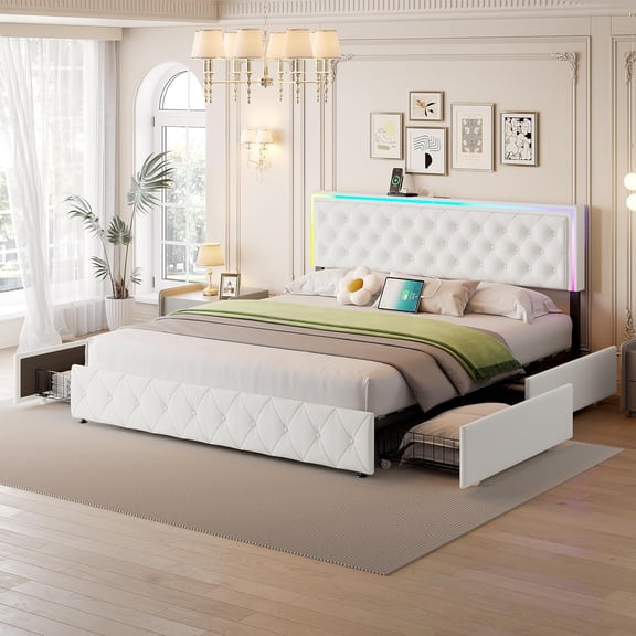 LED King Size Bed Frame with Storage and Headboard,King Bed Frame with 4 Storage Drawers and LED Lights,Velvet Upholstered King Bed with Charging Station,No Box Spring Needed,White