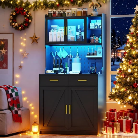 Hanyu LED Kitchen Pantry Cabinet with Outlets, Farmhouse Storage Cabinet with Drawers & Adjustable Shelves, 64" Tall Cupboard with Pegboard & Hooks for Dining Room (Black)