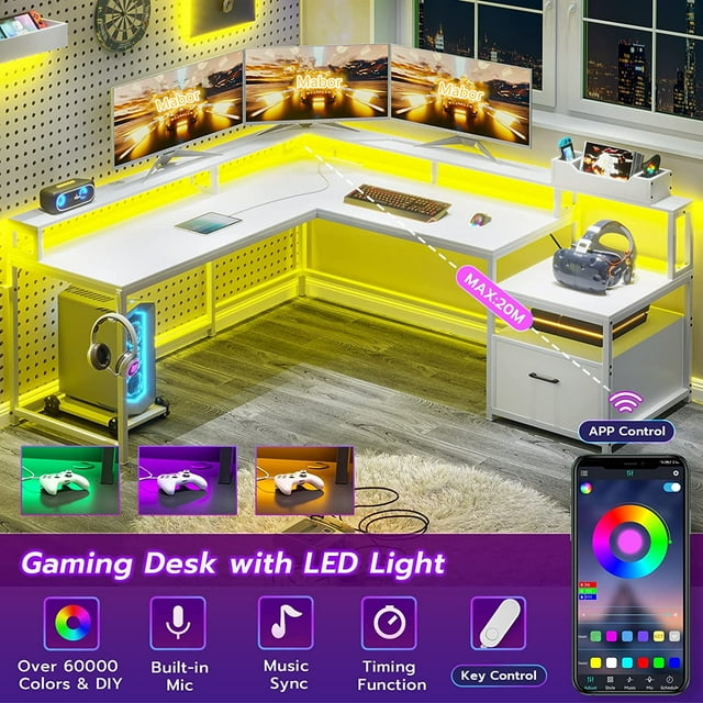 LED L Shaped Computer Desk with Hutch & File Drawer & Power Outlet, 66