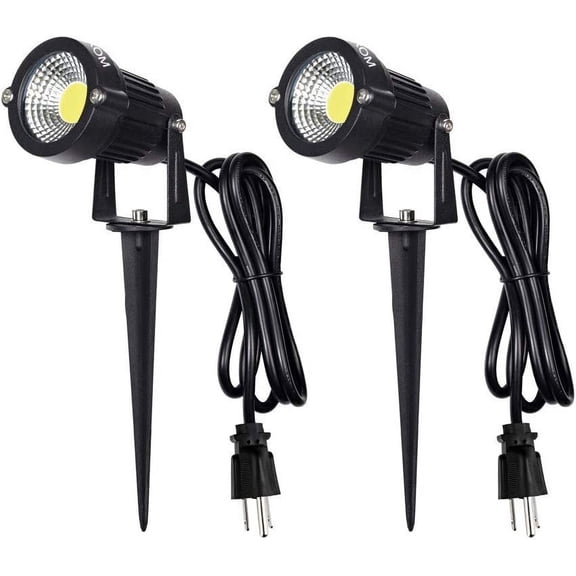 LED Landscape Spotlight Outdoor,IP65 Waterproof Garden Spotlights,5W AC 120V Yard Flood Light,Metal Ground Stake Lawn Lights,6500K LED Spotlight with 1.5M UL-Listed Cord and 3-Plug (2 Packs)