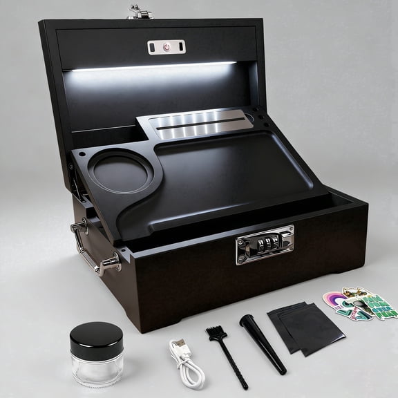 LED Bamboo Stash Box with Combination Lock, Decorative Box for Home Great Mother Father`s Day Gift with Jar, Black