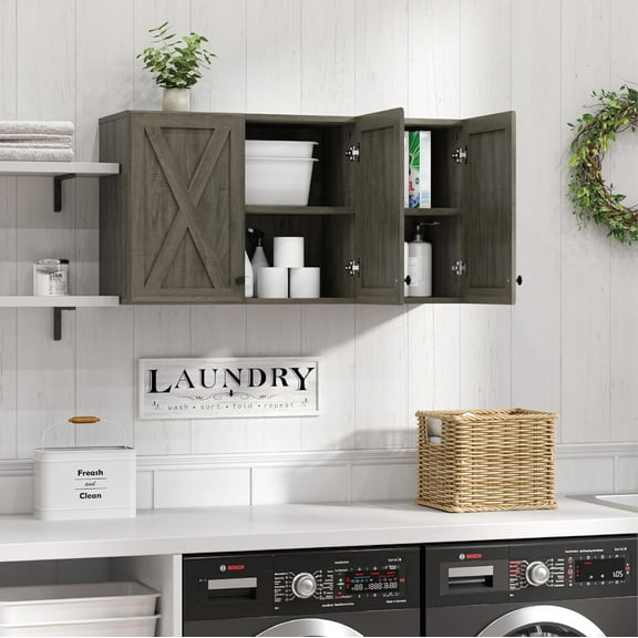 LED Laundry Wall Cabinets - Farmhouse Kitchen Wall Amount Storage Cabinets with 3 Doors and Shelves, 36inch