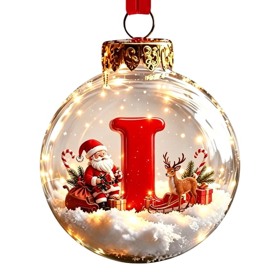 LED Letter Ball Ornament, 26 Alphabet Initial Christmas Tree Decoration, Battery Powered Holiday Hanging Decor Ball with Glitter Letter - I