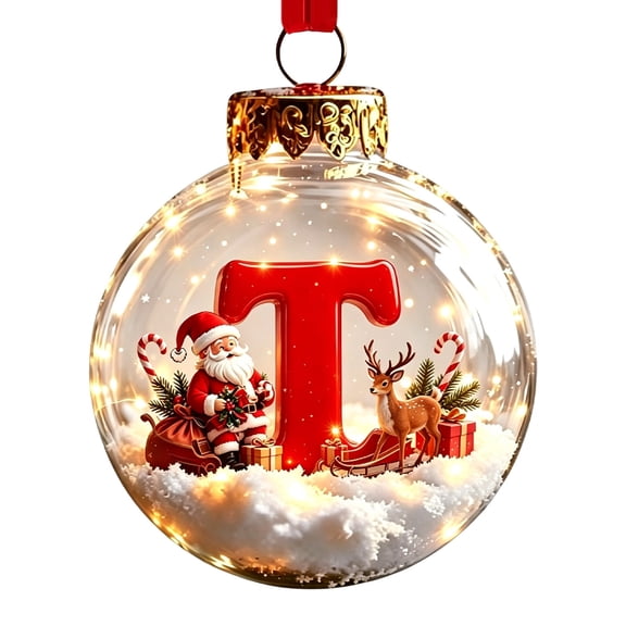 LED Letter Ball Ornament, 26 Alphabet Initial Christmas Tree Decoration, Battery Powered Holiday Hanging Decor Ball with Glitter Letter - T