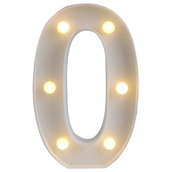LED Letter Light Up Number 0 Plastic Battery Operated Night Lamp for Party Wedding Festival Stand Decor Home Office Tabletop Display Warm White Glow