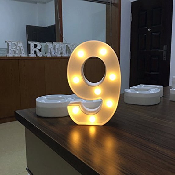 LED Letter and Number Night Light Battery Operated Glow Signs for Wedding Party Birthday or Festival Decoration Customizable Tabletop Display with Stand(Number 9)