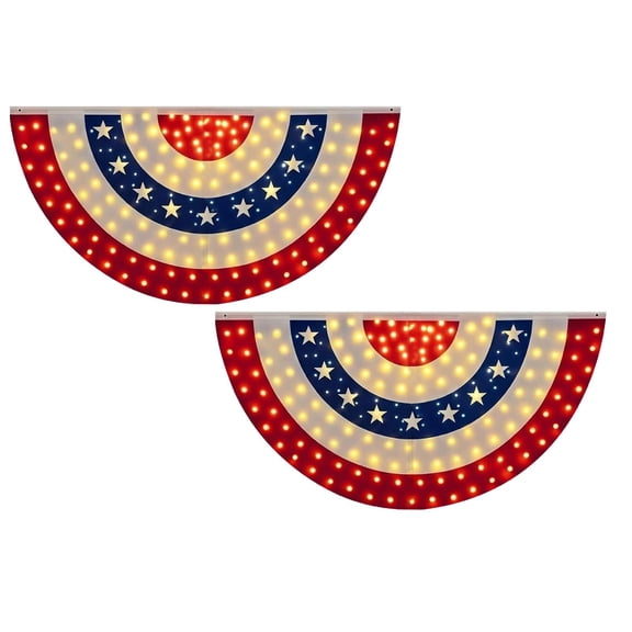 LED Light Up American Flag Pleated Fan Bunting (2-Pack), Lighted Patriotic Half Fan Banner for 4th of July Decorations, Outdoor/Indoor Red White Blue Hanging Decor for Independence Day, Memorial Day