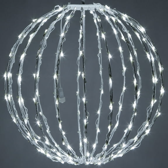 LED Light Ball - Indoor/Outdoor Christmas Light Balls, Light Spheres Outdoor/Sphere Light Fold Flat Metal Frame (20", White Frame/Cool White Lights)