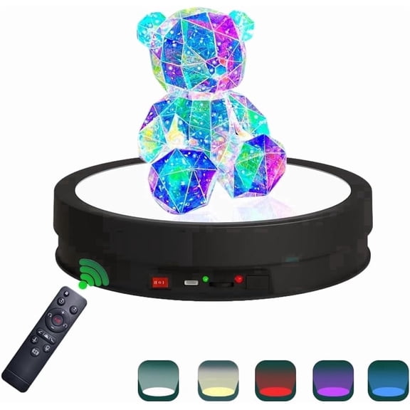 Variety Colors LED Light Base Non-Slip Rotating Display Stand , 66lbs Load, 360 Degree Photography Turntable forProducts Shows, Glass Crystal Artwork, JewelryRemote Control (12.6inch / 6Color LED Li