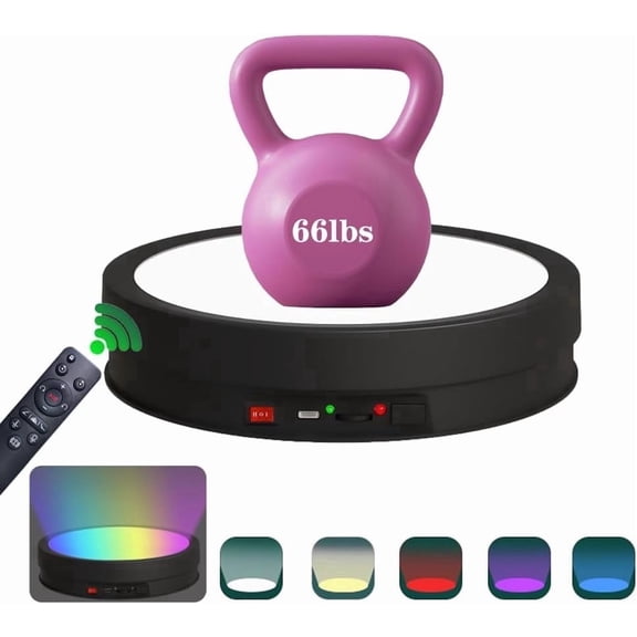 Variety Colors LED Light Non-Slip Rotating Display Stand , 66lbs Load, 360 Degree Photography Turntable for Glass Crystal Spherical Artwork (8.66inch / 6Color LED Light / Black / Wired)