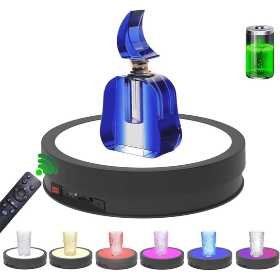 Variety Colors LED Light Non-Slip Rotating Display Stand , 66lbs Load, 360 Degree Photography Turntable for Glass Crystal Spherical Artwork (8.66inch / 6Color LED Light / Black / Rechargeable)