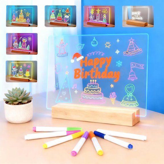 LED Light Board with 7 Colors Pen, Light Up Dry Erase Board | Night Light Glowing LED Message Board Sign with Stand, LED Writing & Drawing Boards for Adults