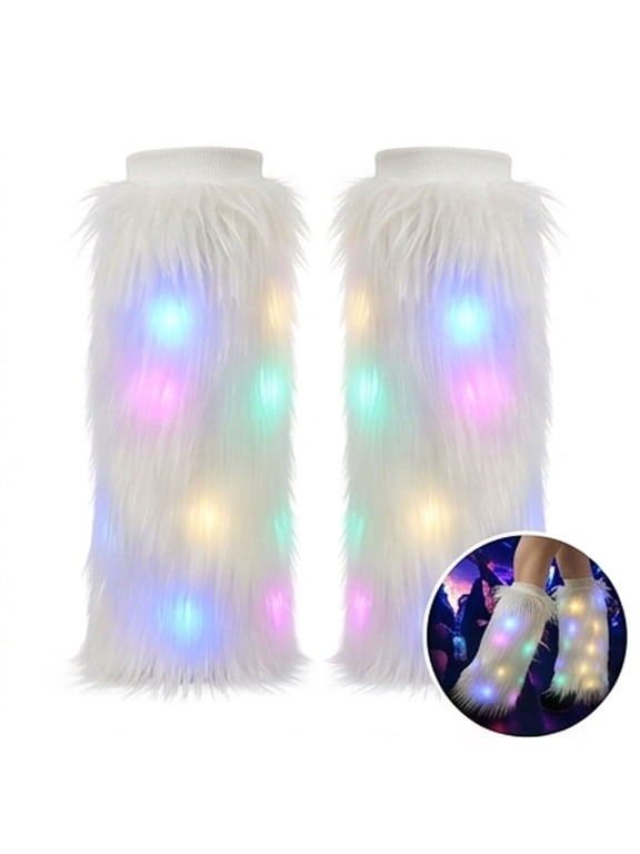 LED Light Up Boots for Women, Fluffy Faux Fur Leg Warmers with Colorful Glowing Rainbow Modes, Party Club Music Festival Christmas Shoe Accessory (1 Pair, 11.8 Inch)