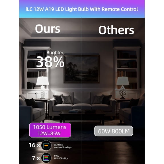 LED Light Bulb 85W Equivalent, 5700K Daylight White Color Changing Light Bulbs with Remote Control RGB 6 Modes, Timing, Sync, Dimmable E26 Screw Base (2 Pack)