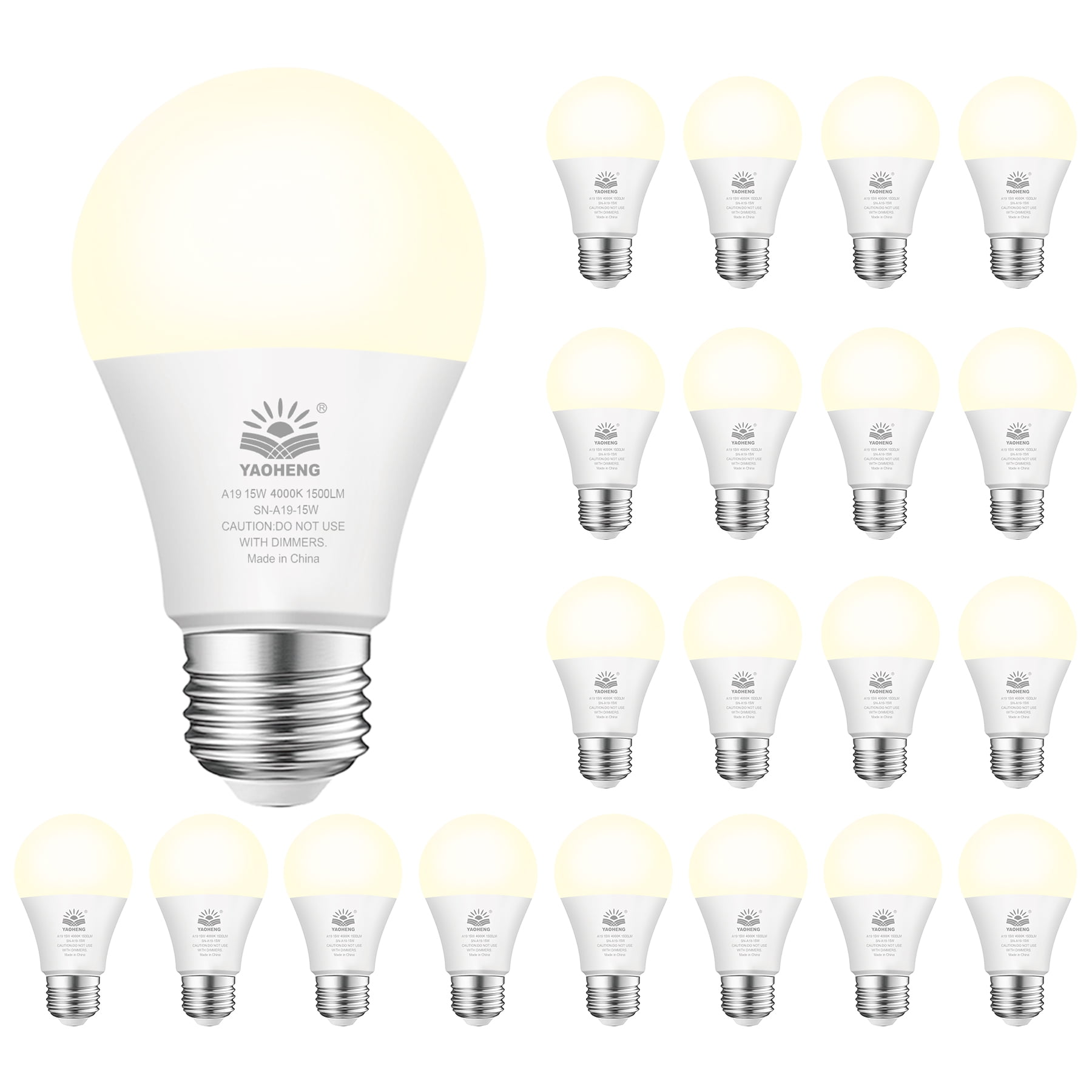 LED Light Bulb A19, 100W Equivalent, 15W 4000K Neutral White, 1500 Lumens, Non-Dimmable E26 Standard Base, Super Bright Light Bulbs for Home Office, ETL Listed (20-Pack)