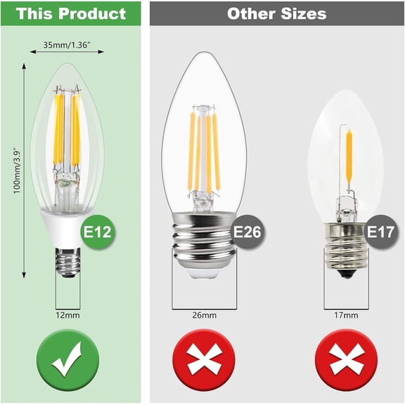 LED Light Bulb Equivalent 25W, 2W E12 Night Light Bulb, Mini Type B C7, Warm White 3000K, 120V Small Edison Light Bulb for Chandeliers, Salt Lamp, Non-Dimmable, 6-Pack